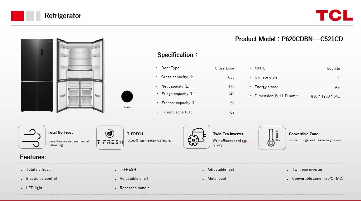 Réfrigérateur TCL 4 Portes Noir 635 L