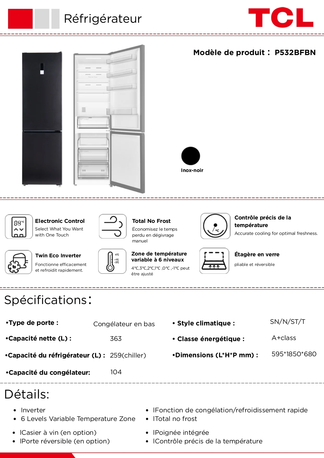 Réfrigérateur TCL P532BFBN 363 L Noir Inox