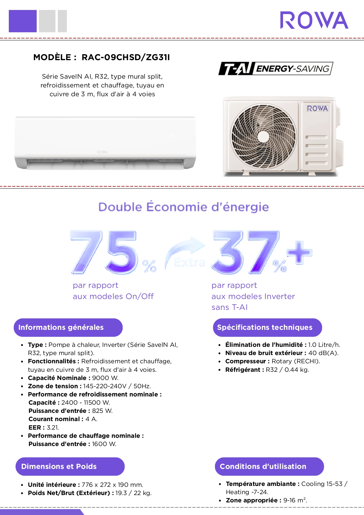 Climatiseur ROWA RAC-09CHSD/ZG31I 9000 BTU SaveIN AI Inverter R32