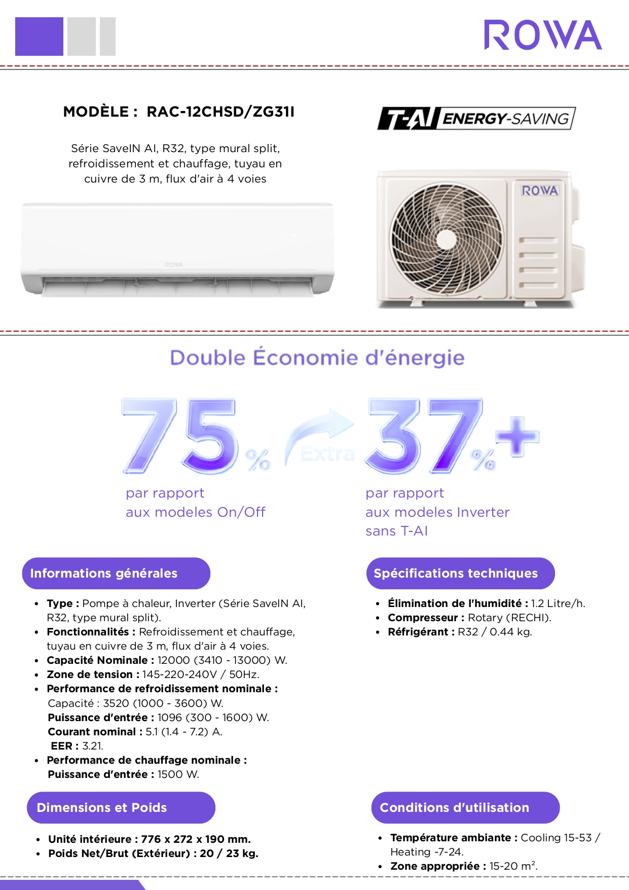Climatiseur ROWA RAC-12CHSD/ZG31I 12000 BTU SaveIN AI Inverter R32