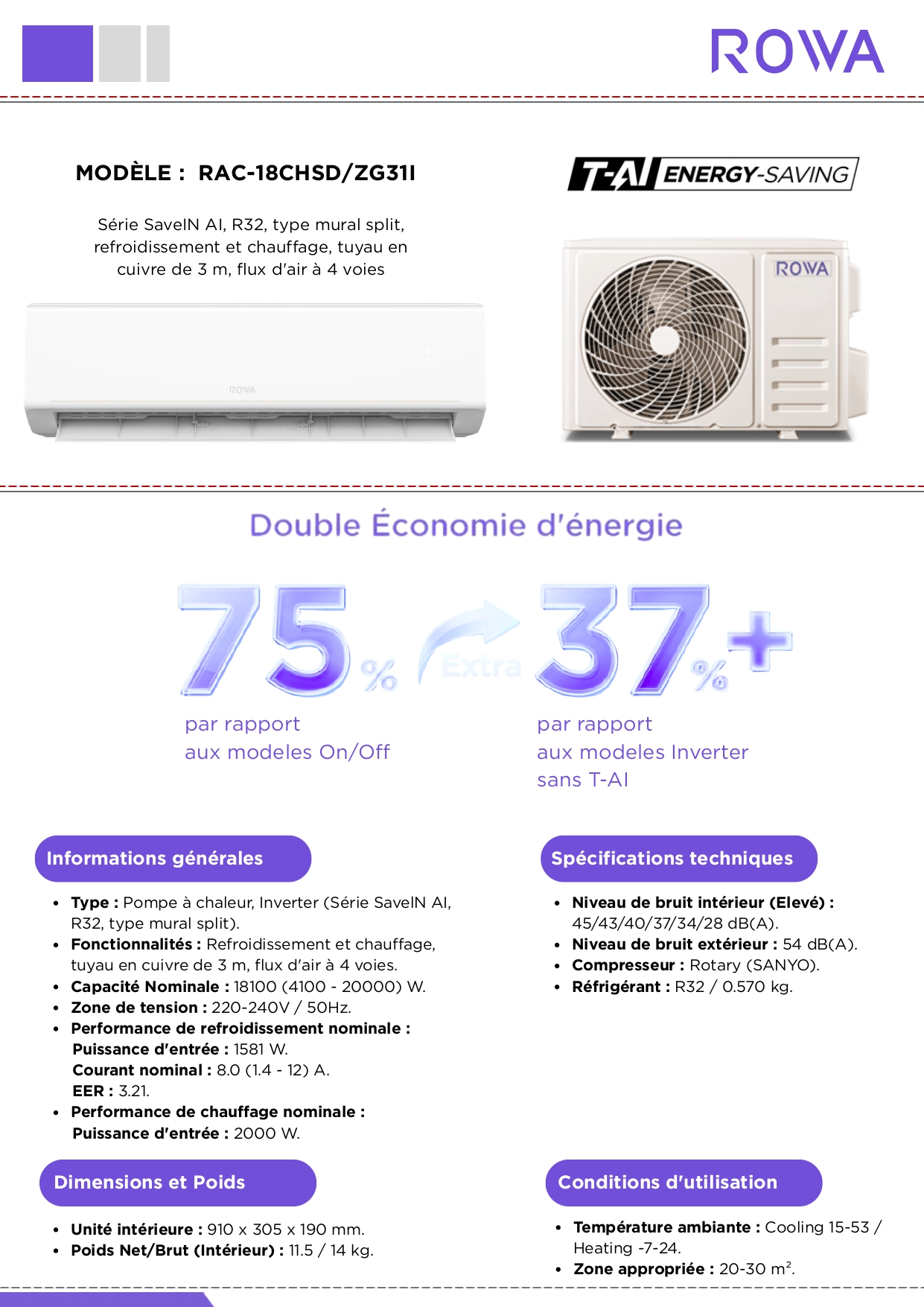 Climatiseur ROWA RAC-18CHSD/ZG31I 18000 BTU SaveIN AI Inverter R32