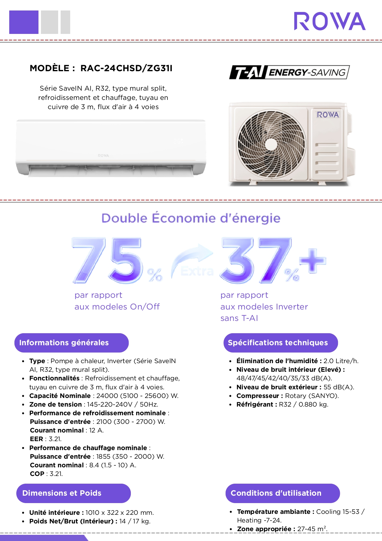Climatiseur ROWA RAC-24CHSD/ZG31I 24000 BTU SaveIN AI Inverter R32