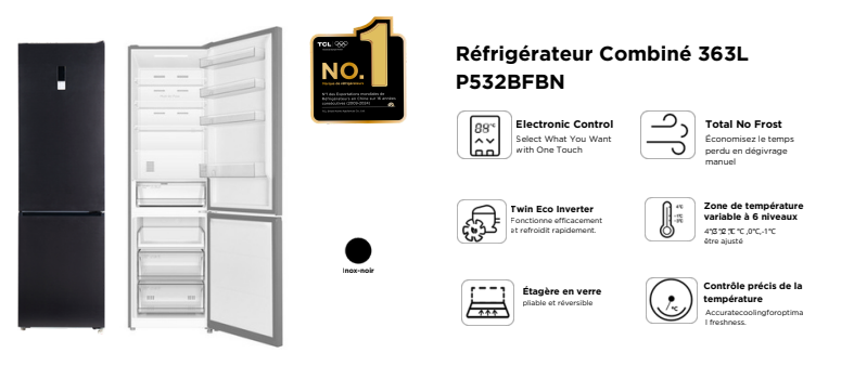 Réfrigérateur TCL P532BFBN combiné noir inox 363L